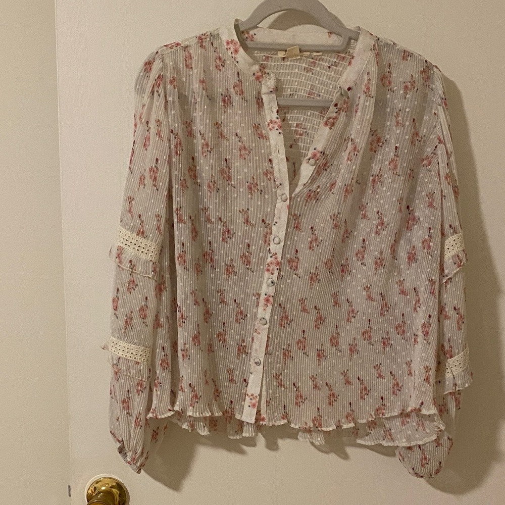 Anthropologie Floral Button-Up Blouse - White and Pink
